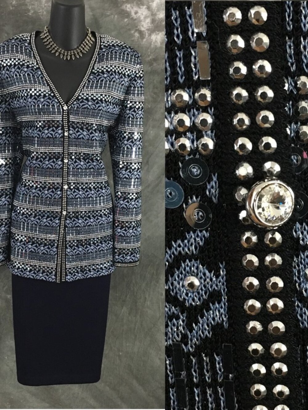 BEAUTIFUL St John evening knit blue multi rhinestones embellished skirt suit 10